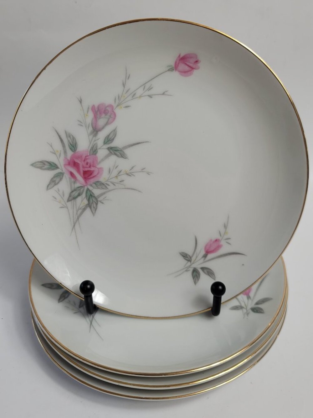 FOUR Fine China of Japan Golden Rose Bread Plates Pink Roses Gray Leaves